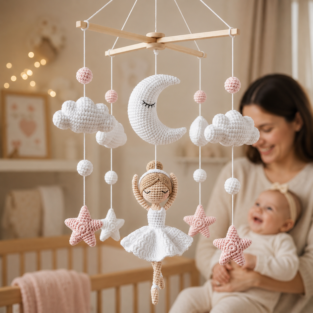Ballerina Crochet Baby Mobile – Handmade Moon & Stars Nursery Crib Decor