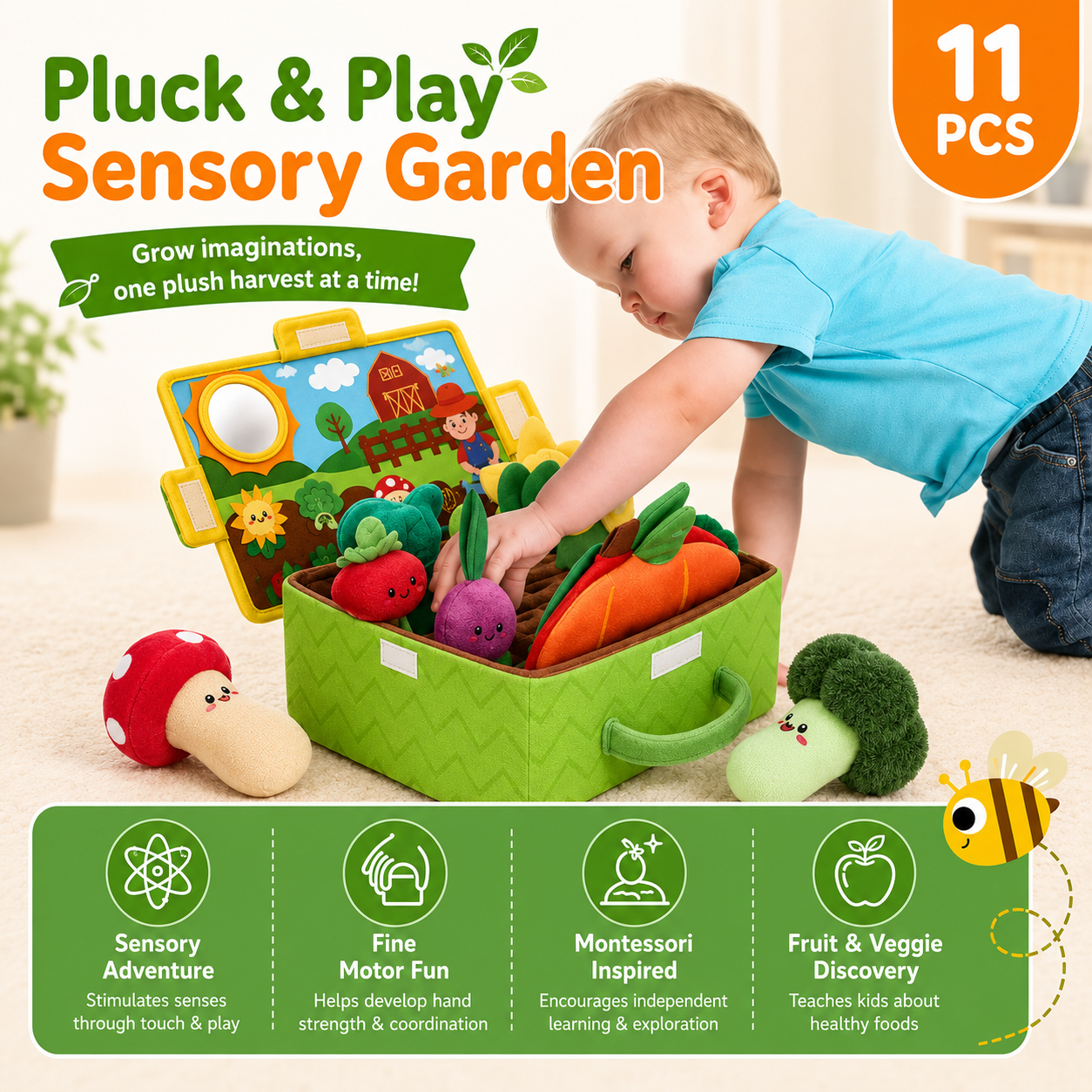 GardenGrow Sensory Plush Garden Set – Montessori Soft Vegetable Toy for Toddlers, Fine Motor Skills & Imaginative Play