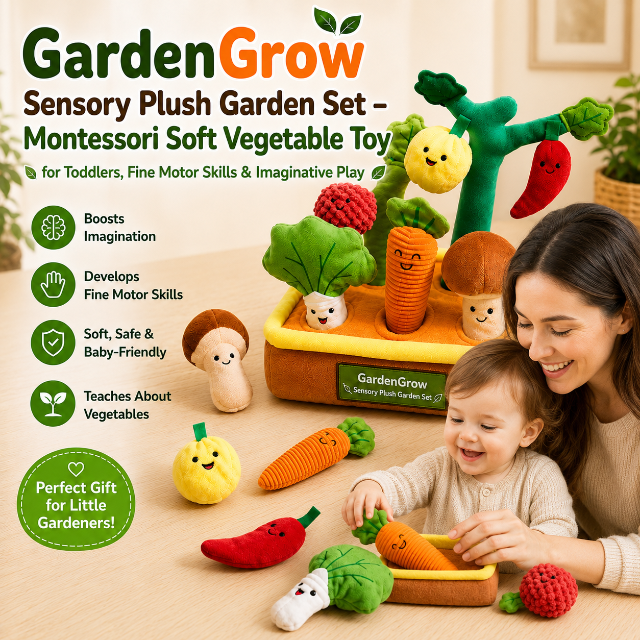 GardenGrow Sensory Plush Garden Set – Montessori Soft Vegetable Toy for Toddlers, Fine Motor Skills & Imaginative Play