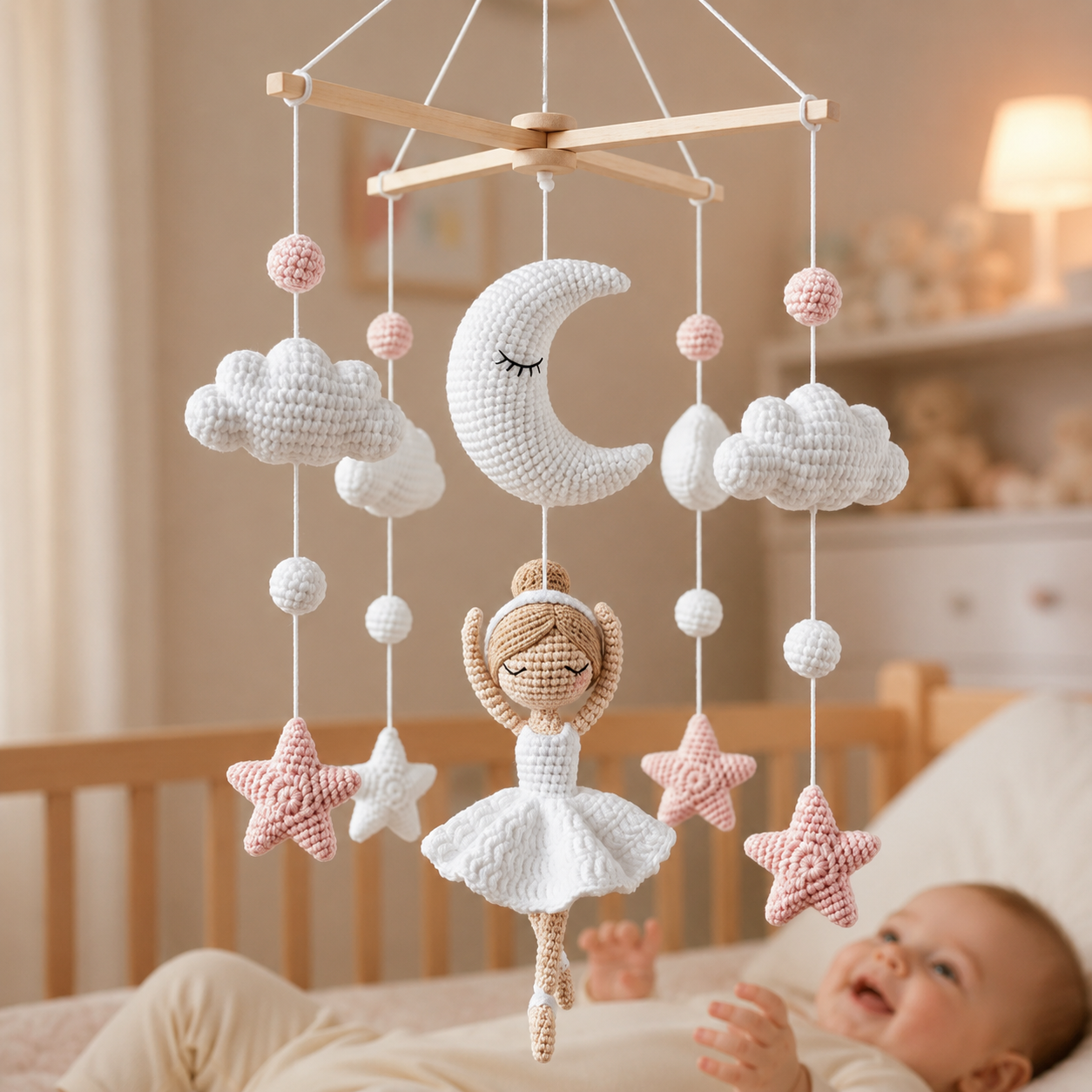 Ballerina Crochet Baby Mobile – Handmade Moon & Stars Nursery Crib Decor