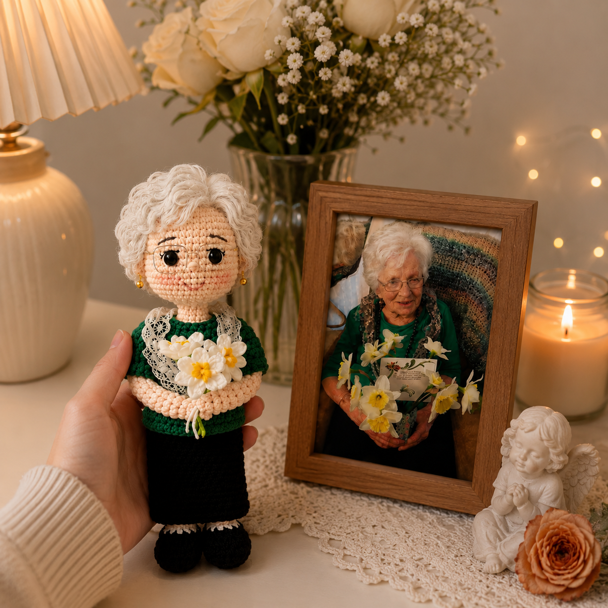 Personalized Memorial Crochet Doll From Photo – Custom Grandma Keepsake Gift.