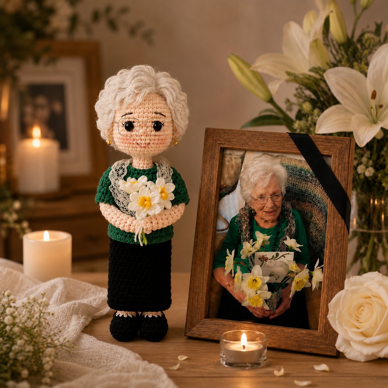 Personalized Memorial Crochet Doll From Photo – Custom Grandma Keepsake Gift.