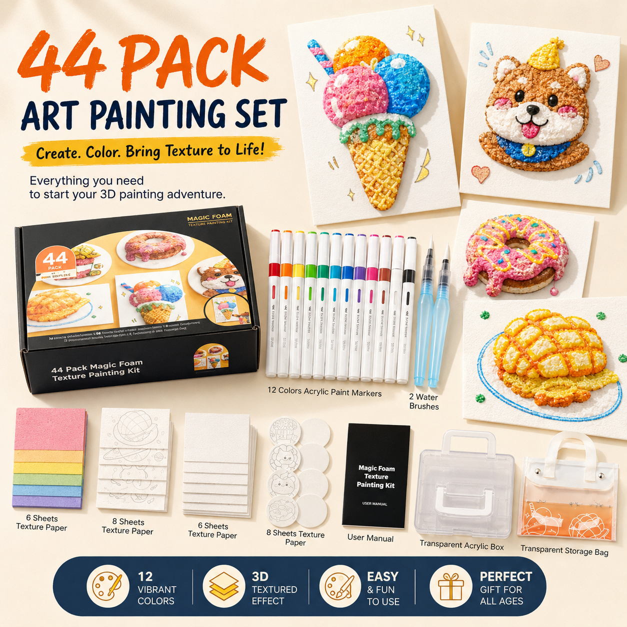 Magic Foam 3D Texture Painting Kit – 44-Piece Creative Art Set for Kids