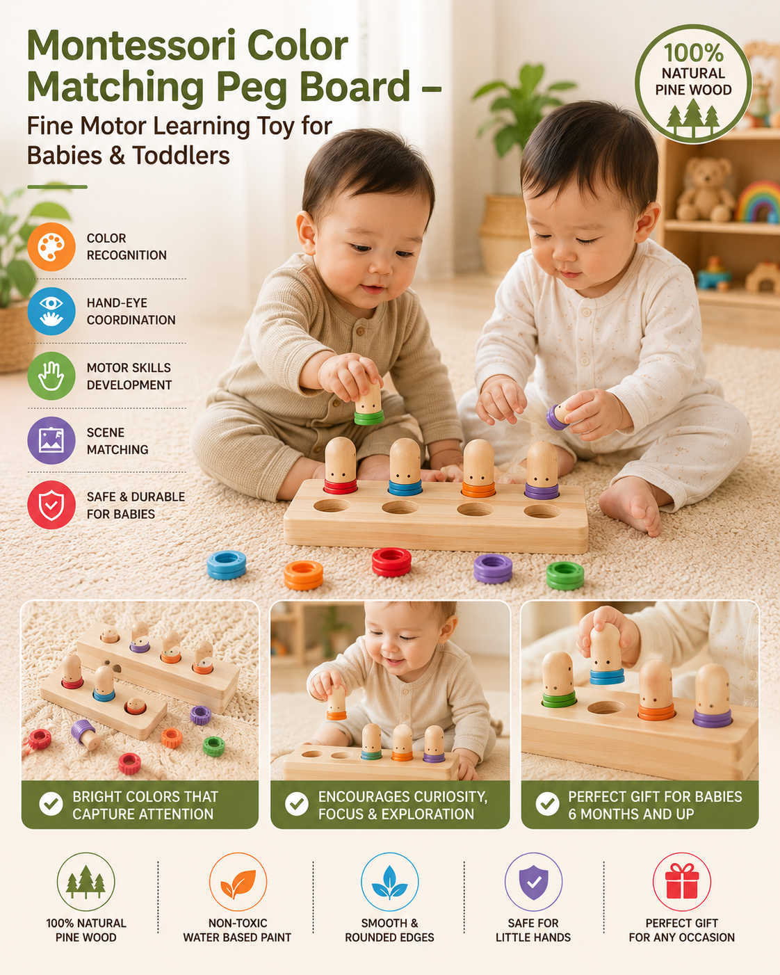Montessori Color Matching Peg Board – Fine Motor Learning Toy for Babies & Toddlers