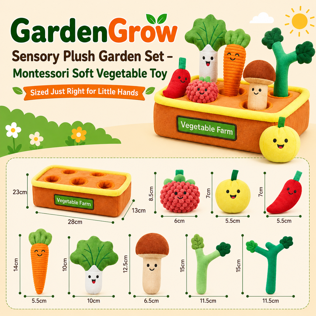 GardenGrow Sensory Plush Garden Set – Montessori Soft Vegetable Toy for Toddlers, Fine Motor Skills & Imaginative Play