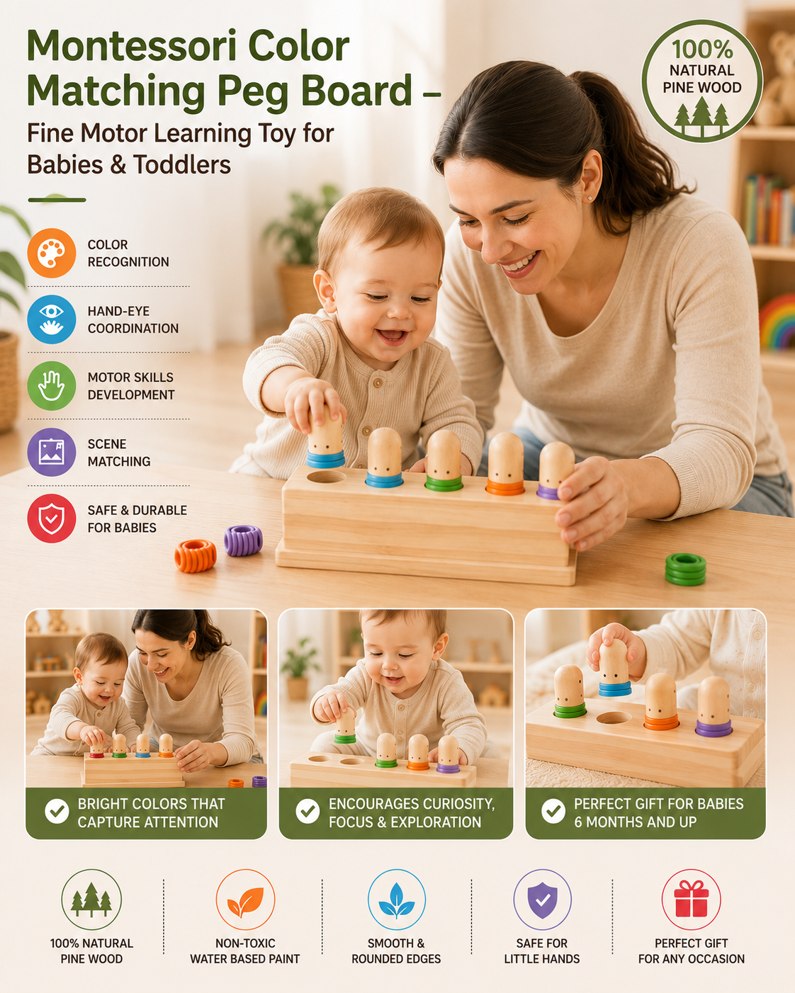 Montessori Color Matching Peg Board – Fine Motor Learning Toy for Babies & Toddlers