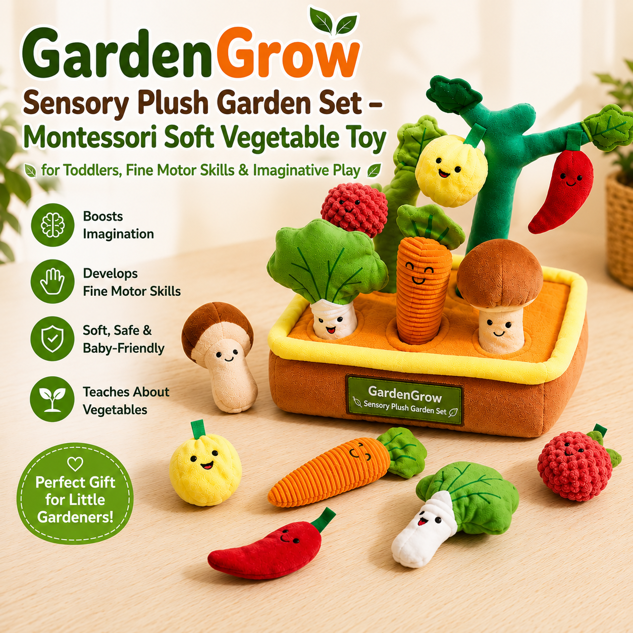 GardenGrow Sensory Plush Garden Set – Montessori Soft Vegetable Toy for Toddlers, Fine Motor Skills & Imaginative Play