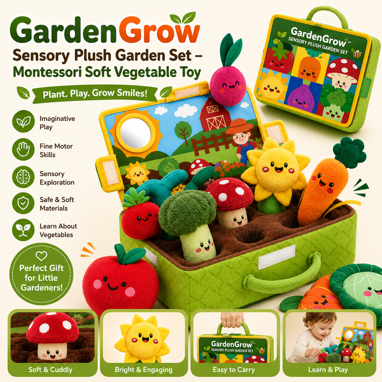 GardenGrow Sensory Plush Garden Set – Montessori Soft Vegetable Toy for Toddlers, Fine Motor Skills & Imaginative Play