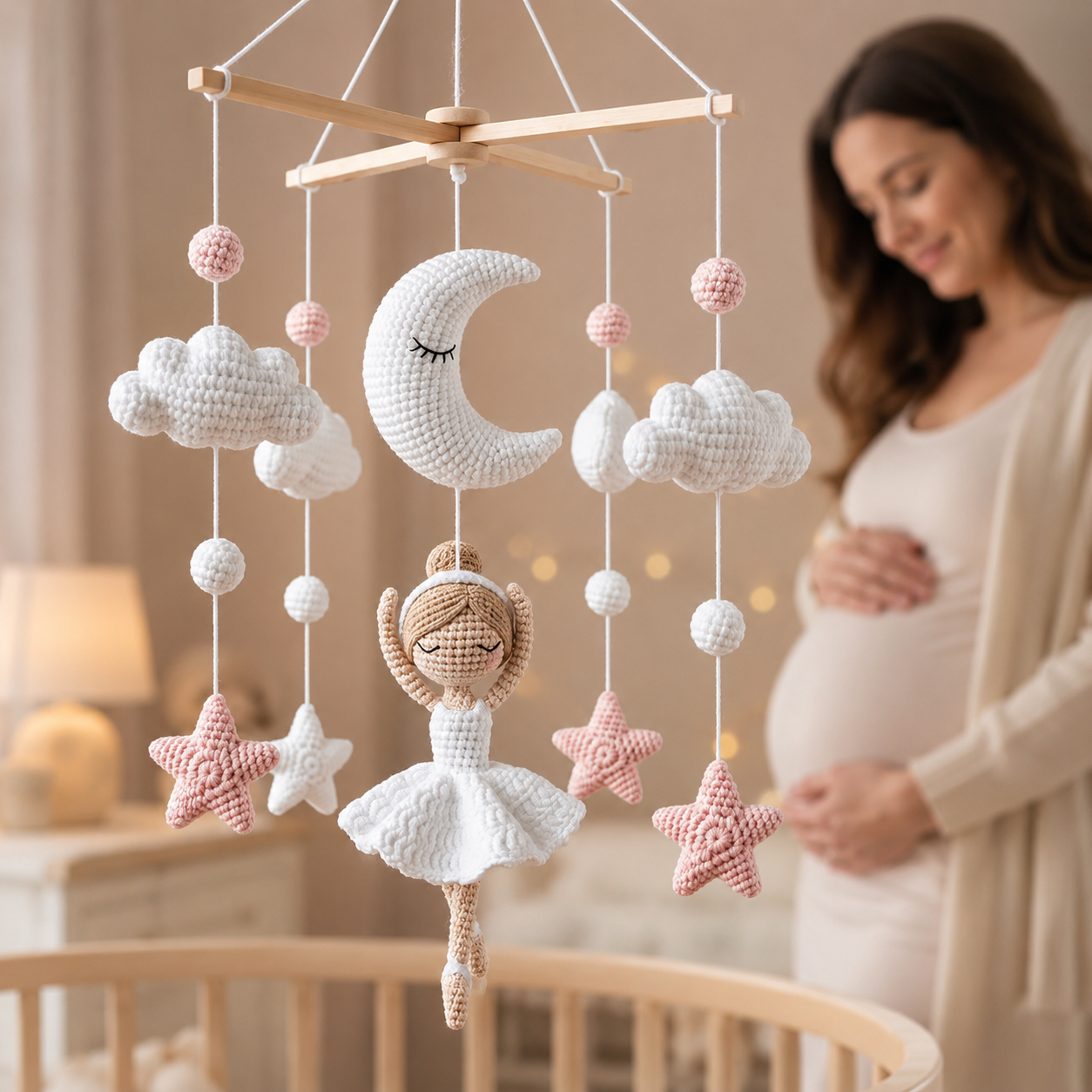 Ballerina Crochet Baby Mobile – Handmade Moon & Stars Nursery Crib Decor