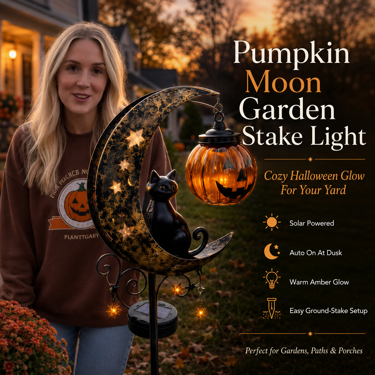 Solar Halloween Garden Stake Light with Black Cat & Pumpkin