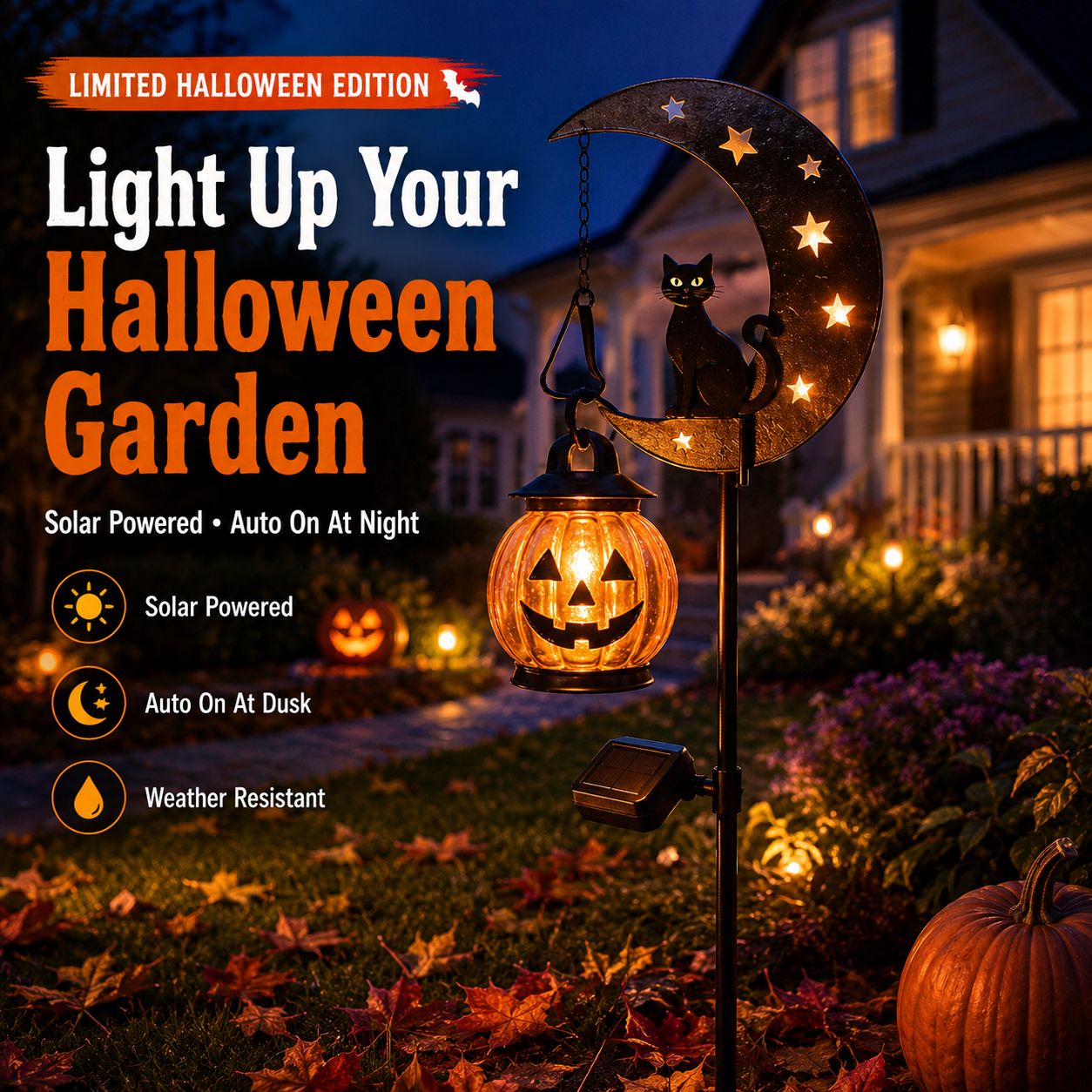 Solar Halloween Garden Stake Light with Black Cat & Pumpkin