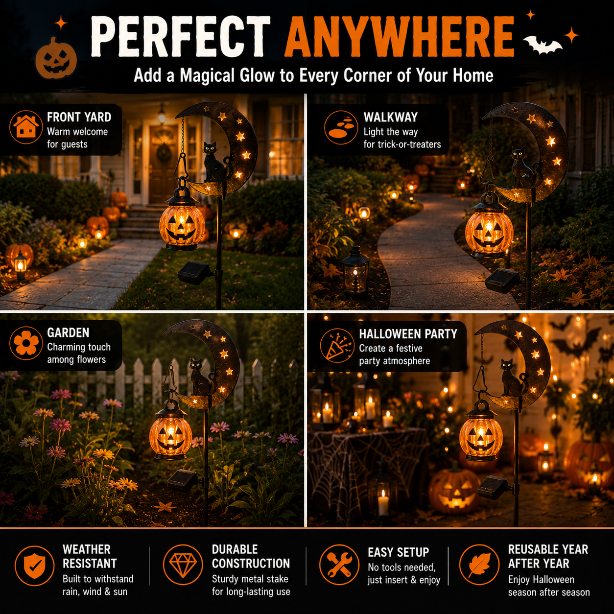 Solar Halloween Garden Stake Light with Black Cat & Pumpkin