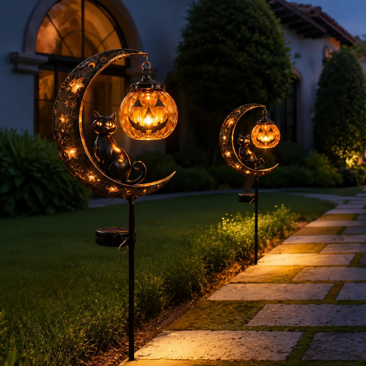 Solar Halloween Garden Stake Light with Black Cat & Pumpkin