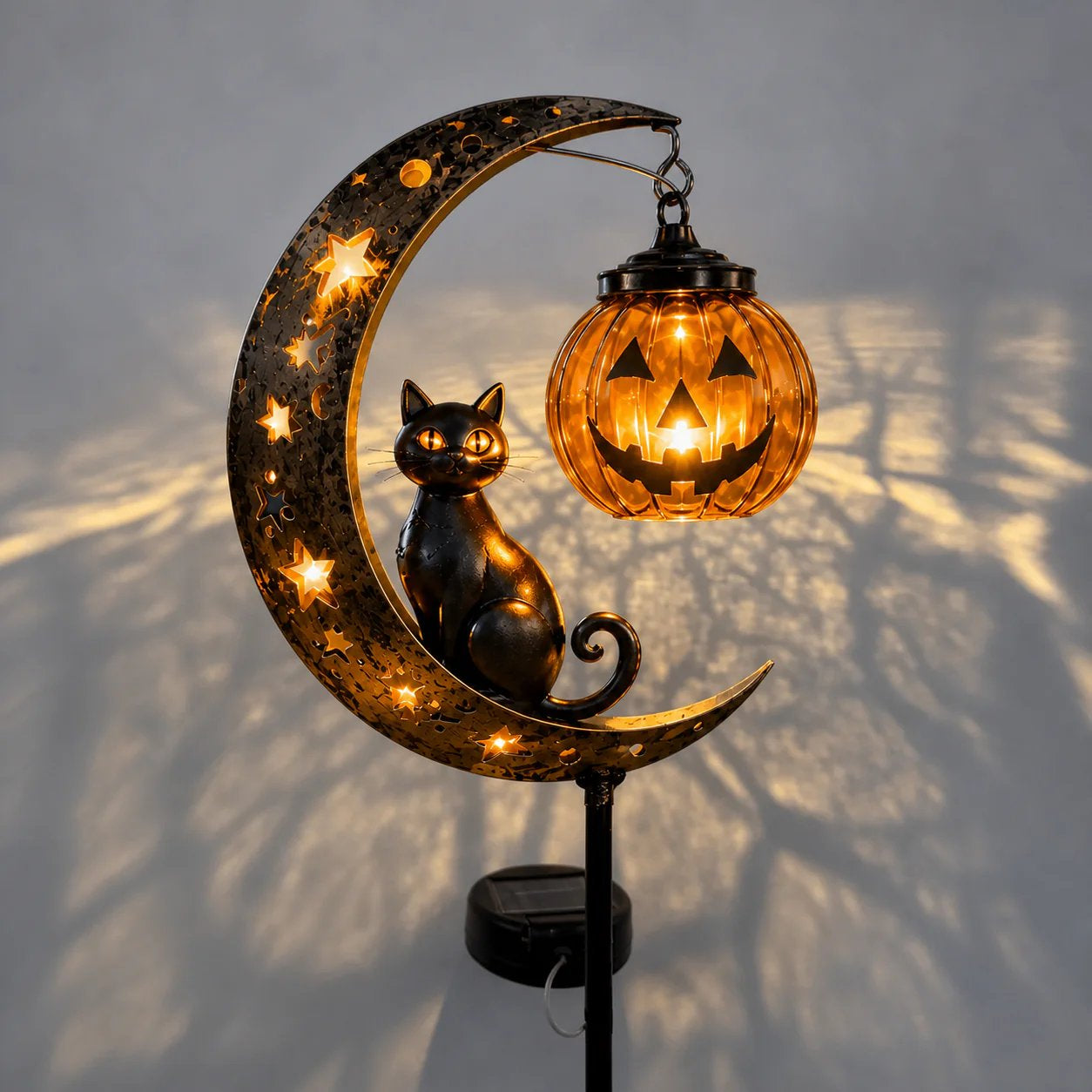 Solar Halloween Garden Stake Light with Black Cat & Pumpkin