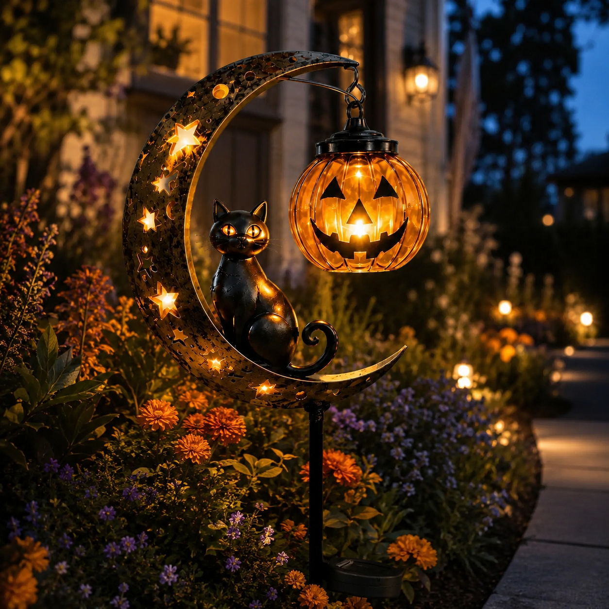 Solar Halloween Garden Stake Light with Black Cat & Pumpkin