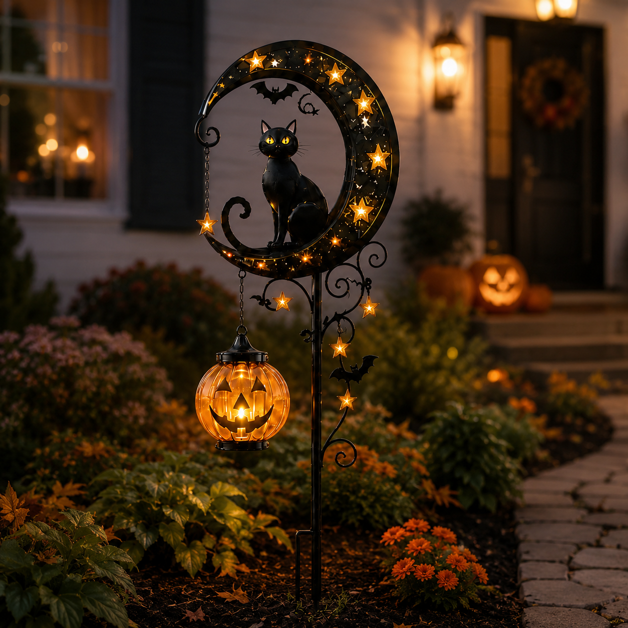 Solar Halloween Garden Stake Light with Black Cat & Pumpkin