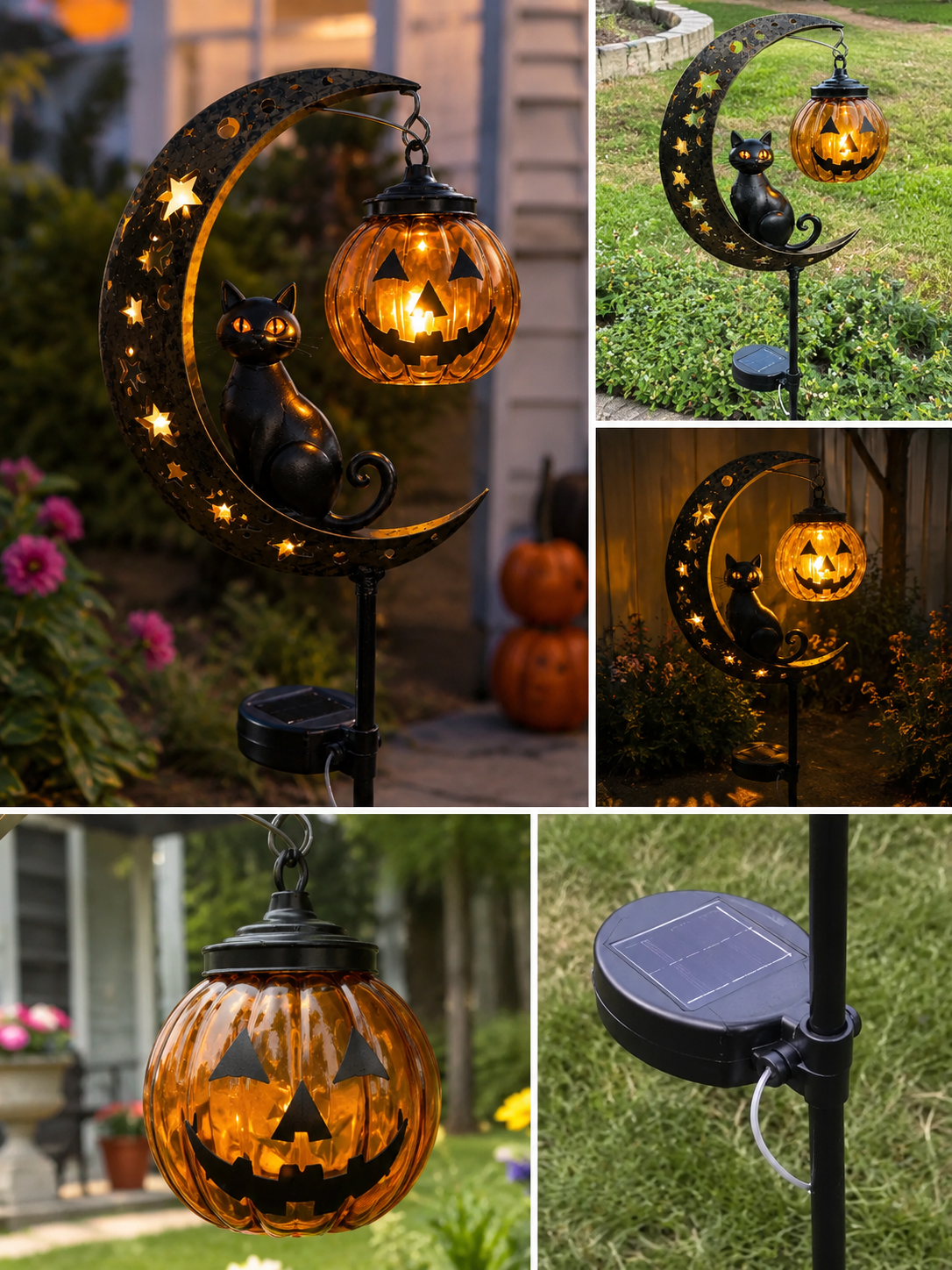 Solar Halloween Garden Stake Light with Black Cat & Pumpkin