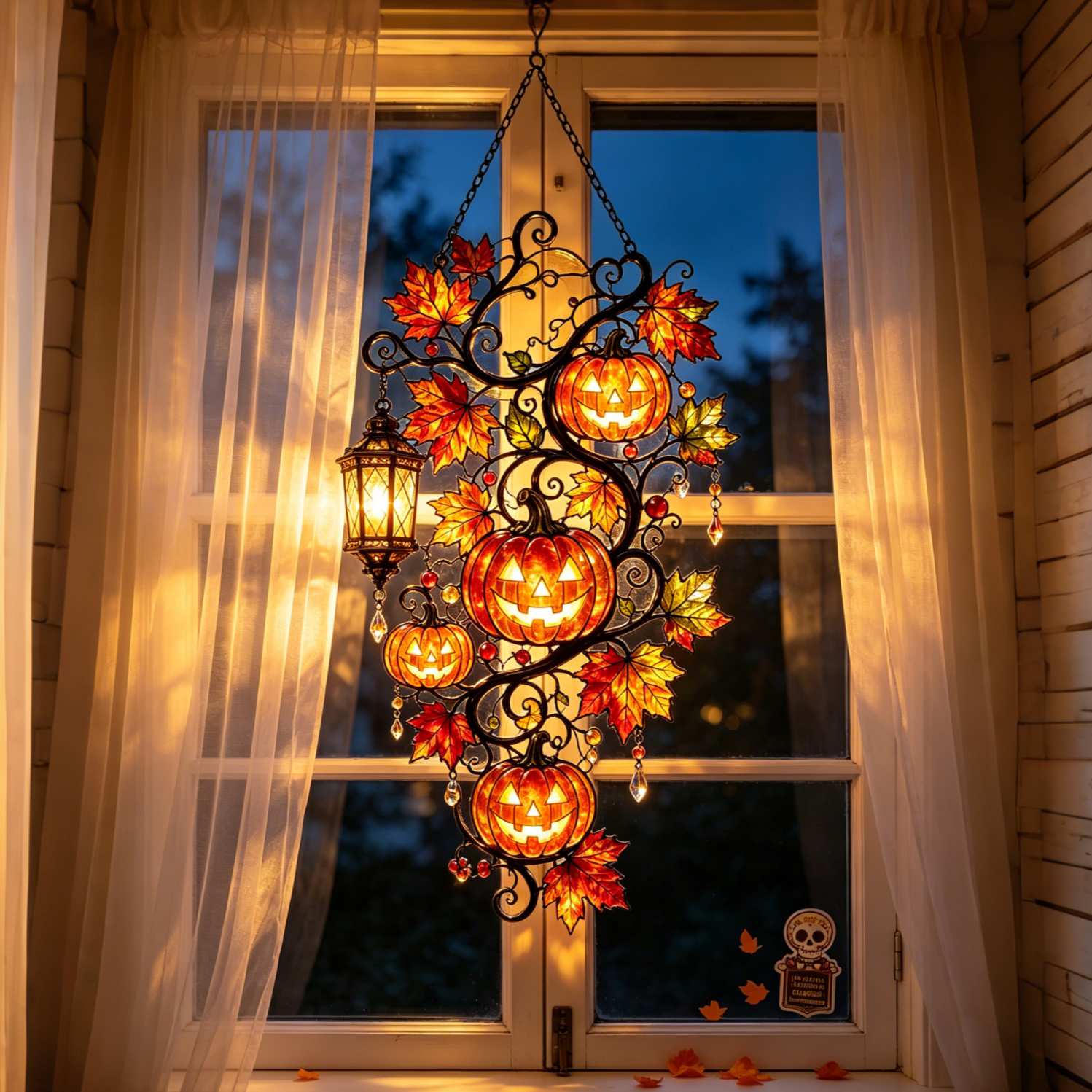 Halloween Pumpkin Moon Stained Glass Window Hanging