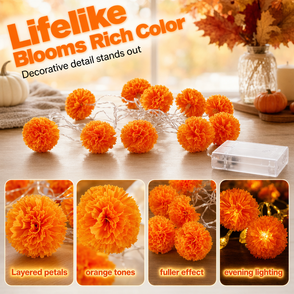 Marigold Lights for Halloween – Sparkling Floral Garland for Autumn Decoration, Porch and Home