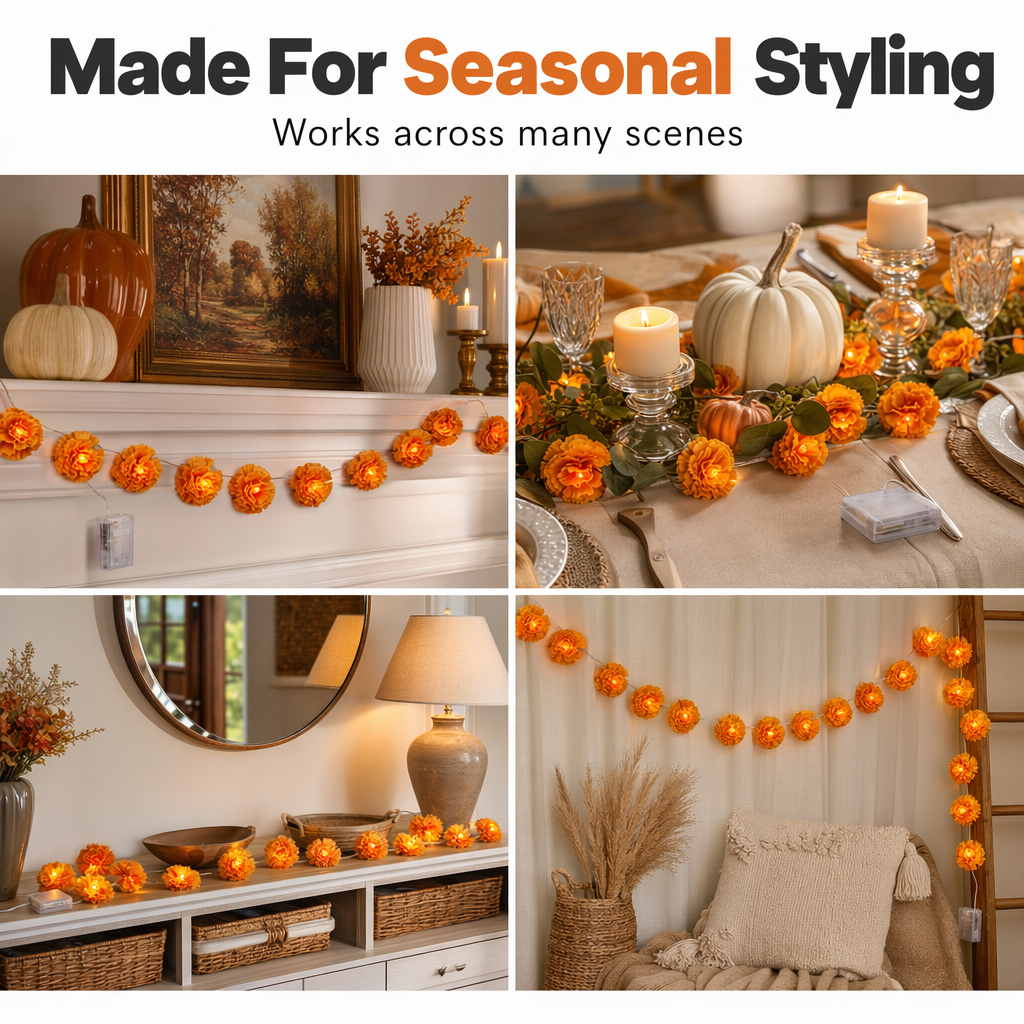 Marigold Lights for Halloween – Sparkling Floral Garland for Autumn Decoration, Porch and Home