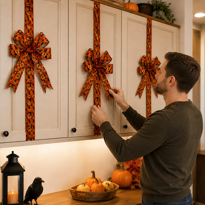 LED illuminated Halloween bow for cabinets