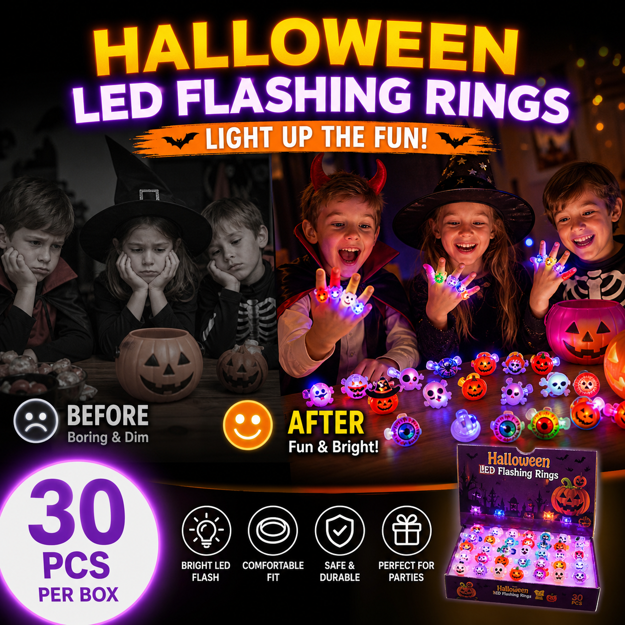 LED Light Halloween Glowing Ring 💍| Flashing Light‑Up Party Favor for Halloween Night👻