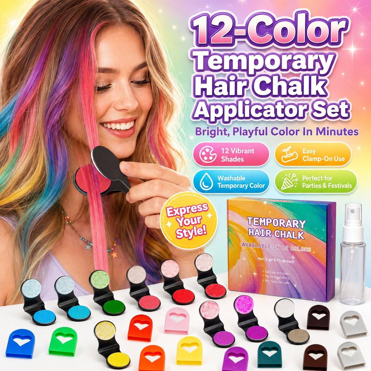 🔥Last Day 50% OFF🌈 12-Color Temporary Hair Chalk Applicator Set