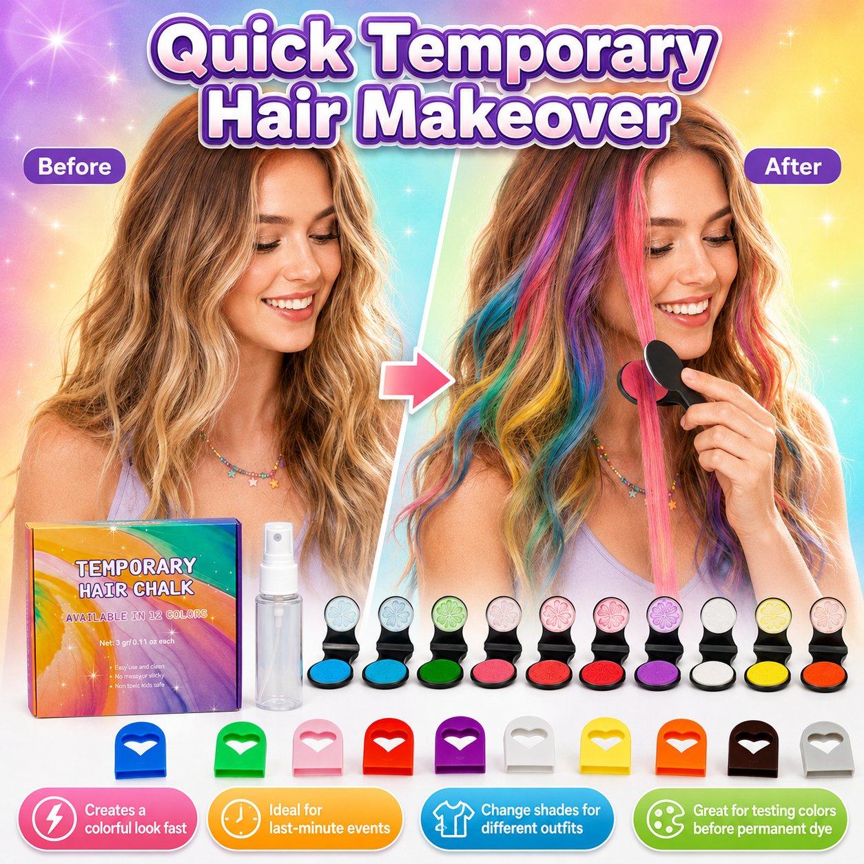 🔥Last Day 50% OFF🌈 12-Color Temporary Hair Chalk Applicator Set