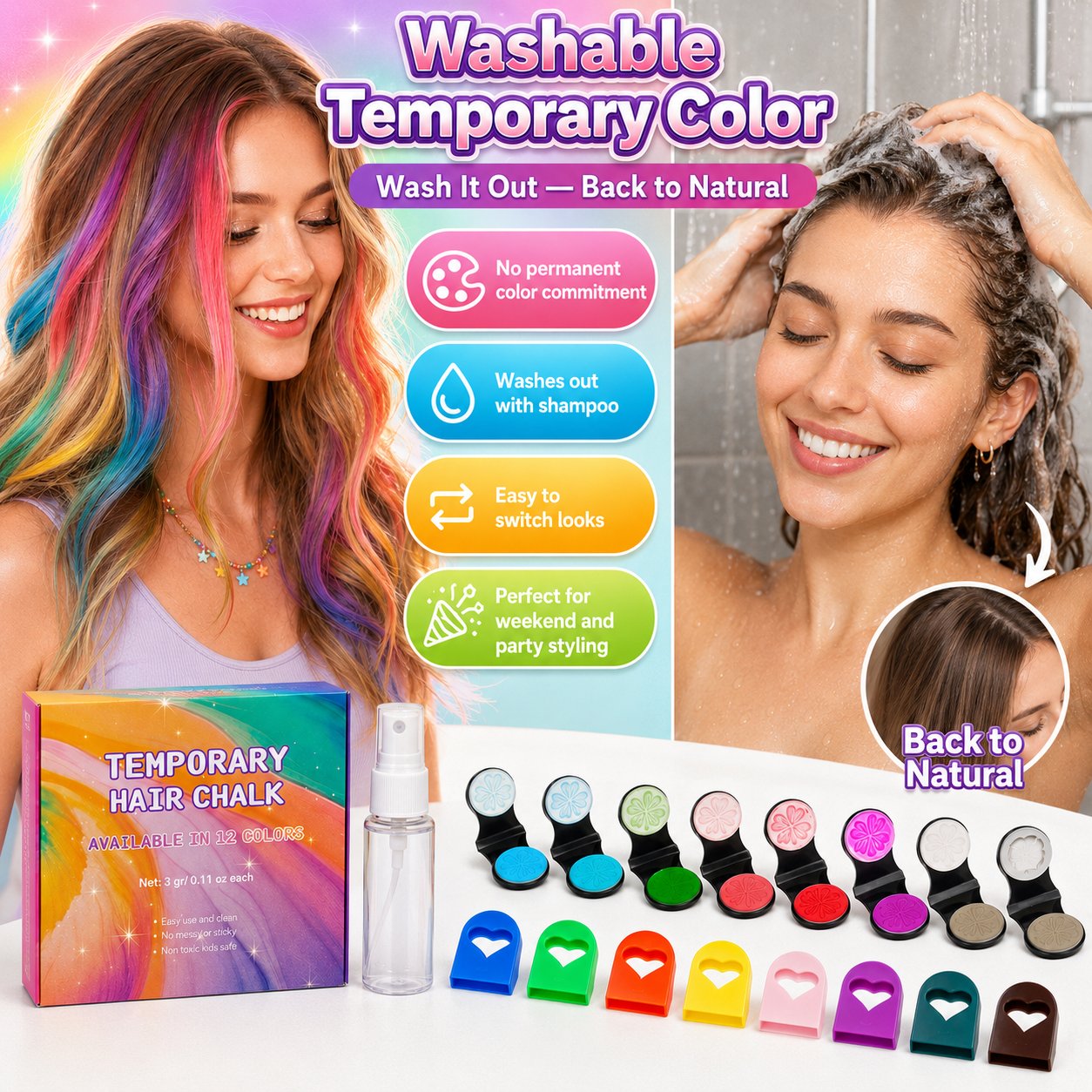 🔥Last Day 50% OFF🌈 12-Color Temporary Hair Chalk Applicator Set