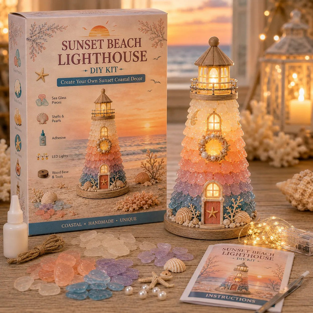 🌊 DIY Lighted Sea Glass-Style Lighthouse Kit