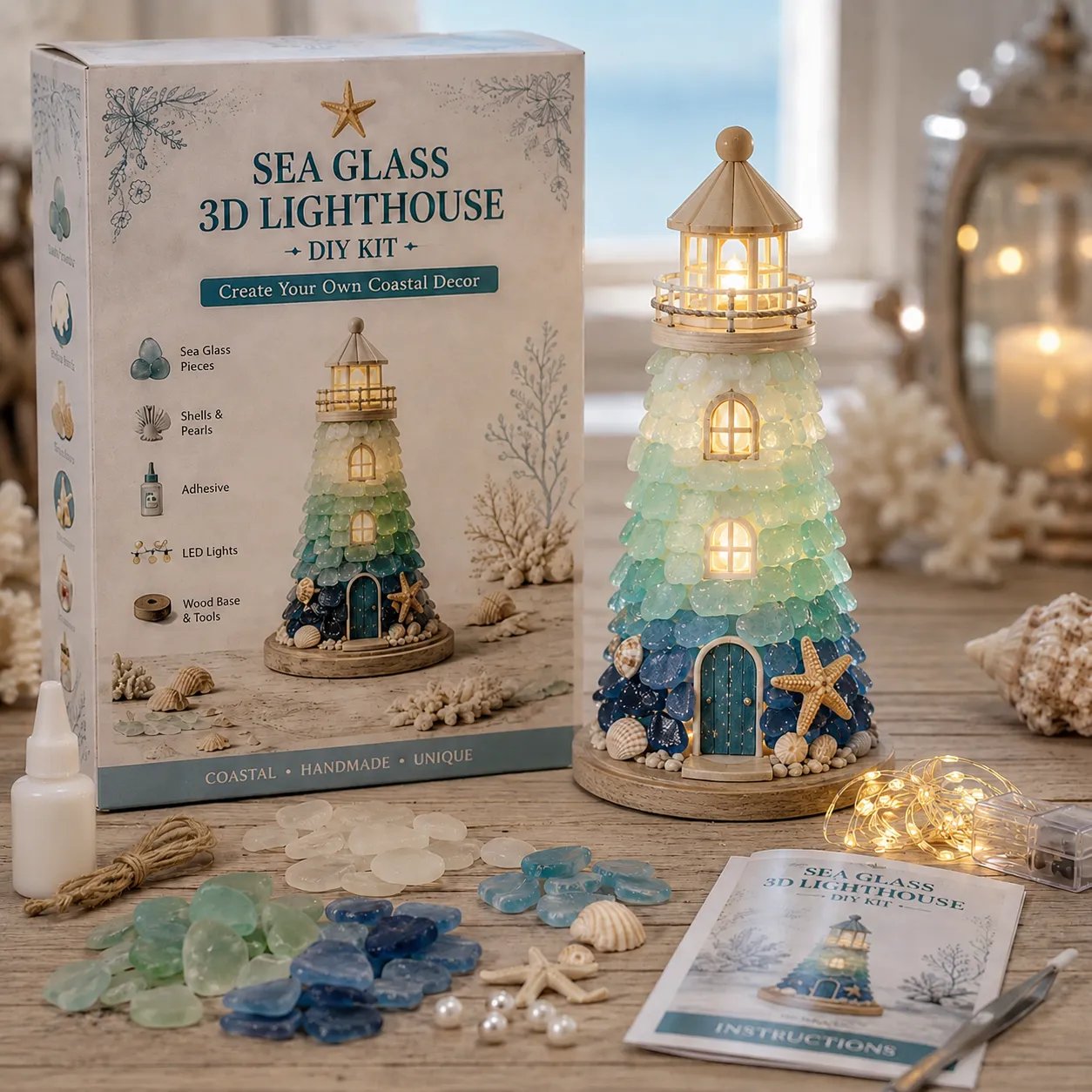 🌊 DIY Lighted Sea Glass-Style Lighthouse Kit