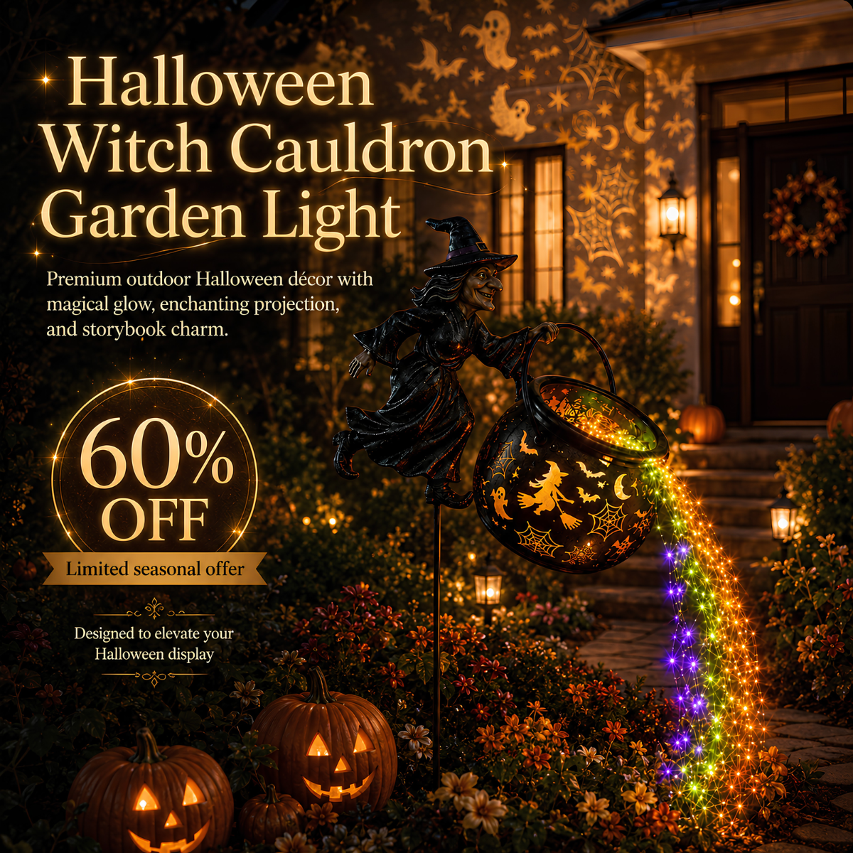 🎃 Halloween Flying Witch Cauldron Garden Light  👻 🌈
