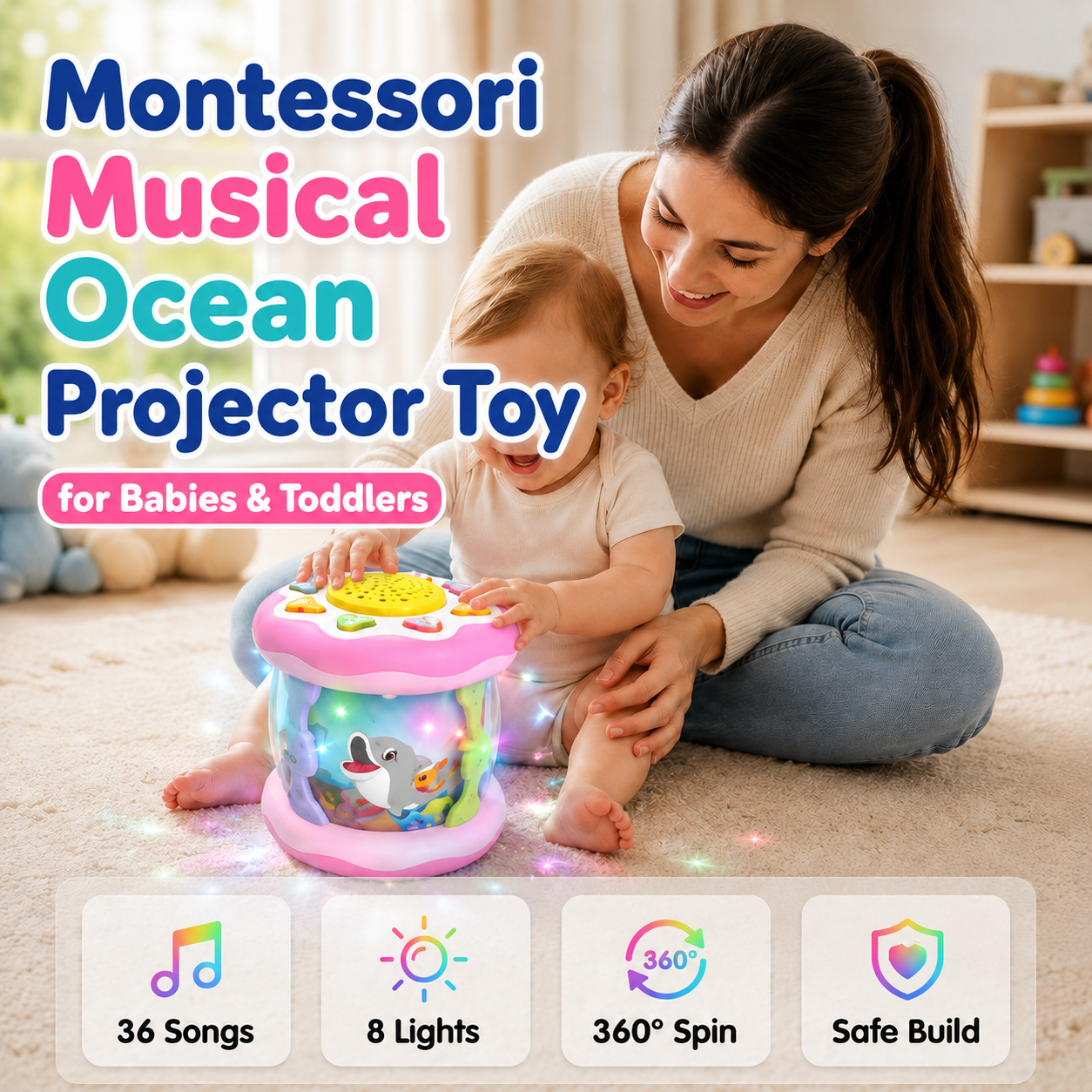 Montessori Musical Ocean Projector Toy for Babies & Toddlers – 360° Rotating Aquarium, Colorful Lights, Soothing Lullabies & Sensory Play