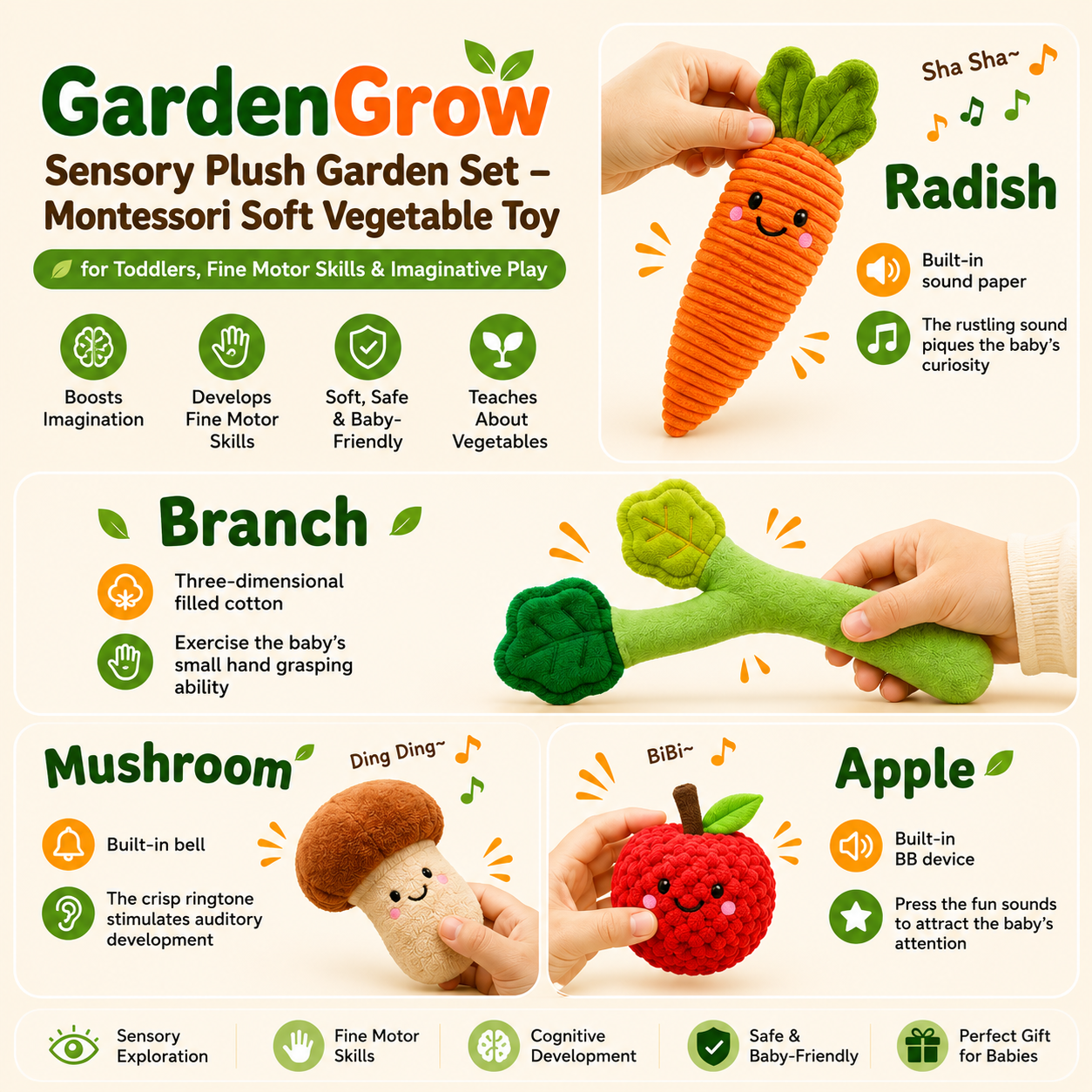GardenGrow Sensory Plush Garden Set – Montessori Soft Vegetable Toy for Toddlers, Fine Motor Skills & Imaginative Play
