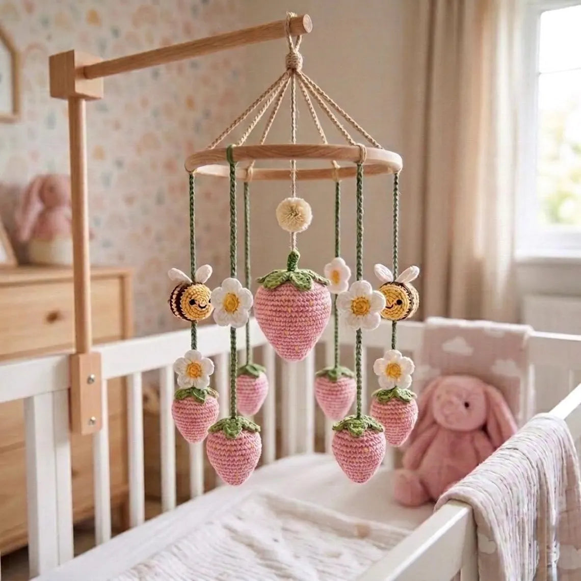 Strawberry Bee Crochet Baby Mobile – Handmade Nursery Decor & Baby Shower Gift