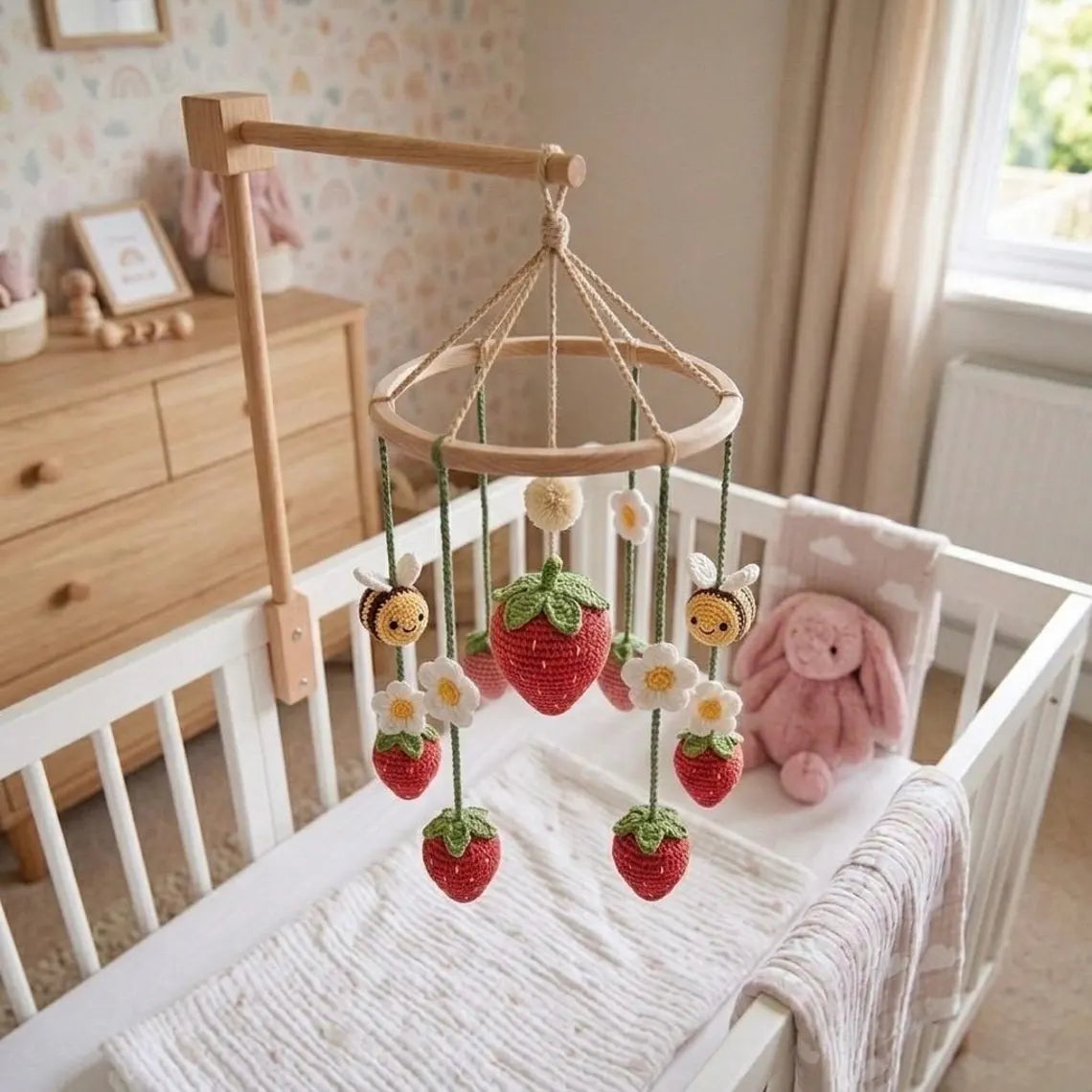 Strawberry Bee Crochet Baby Mobile – Handmade Nursery Decor & Baby Shower Gift
