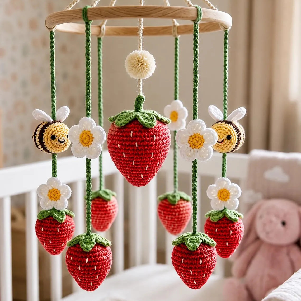 Strawberry Bee Crochet Baby Mobile – Handmade Nursery Decor & Baby Shower Gift