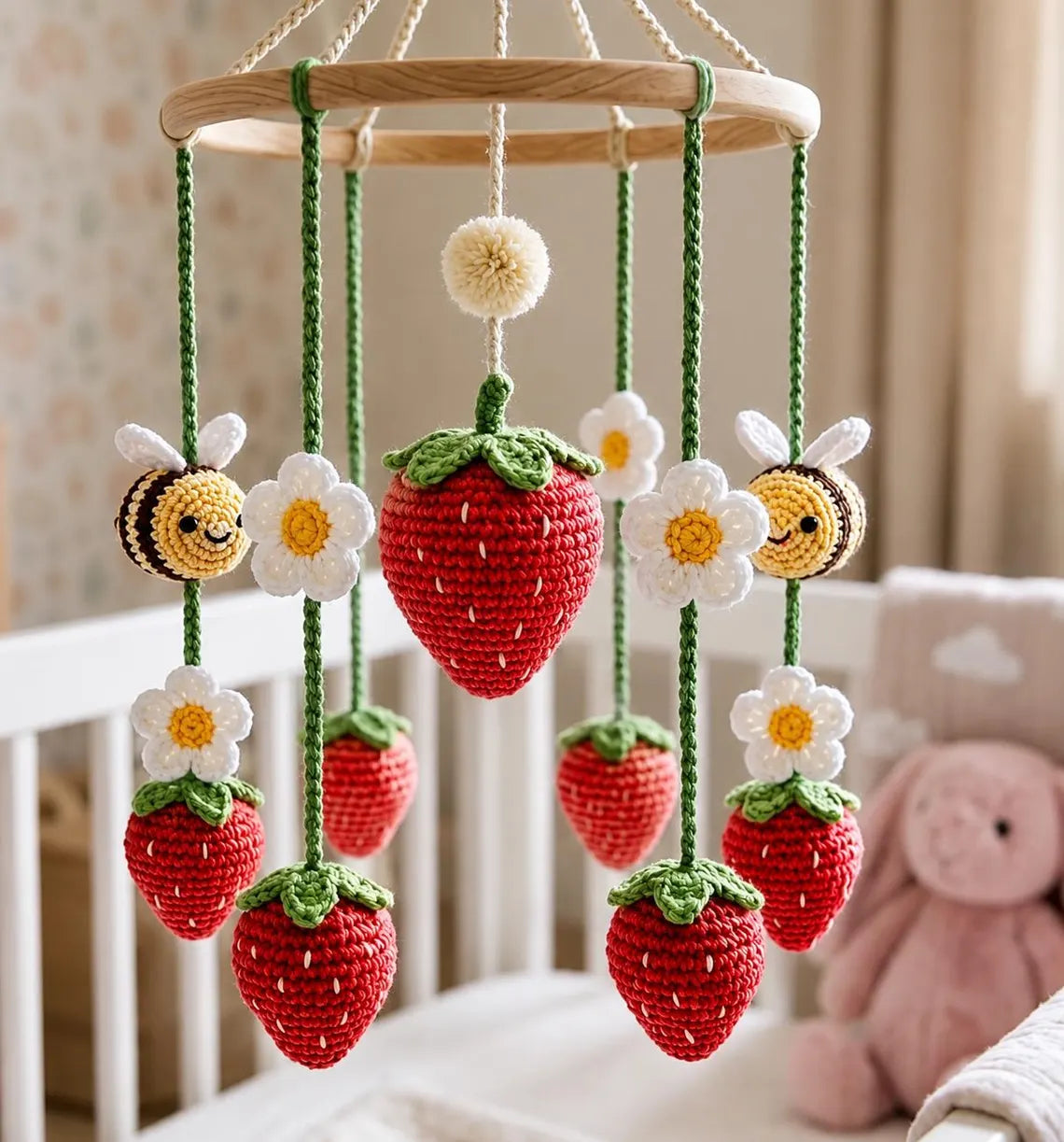 Strawberry Bee Crochet Baby Mobile – Handmade Nursery Decor & Baby Shower Gift