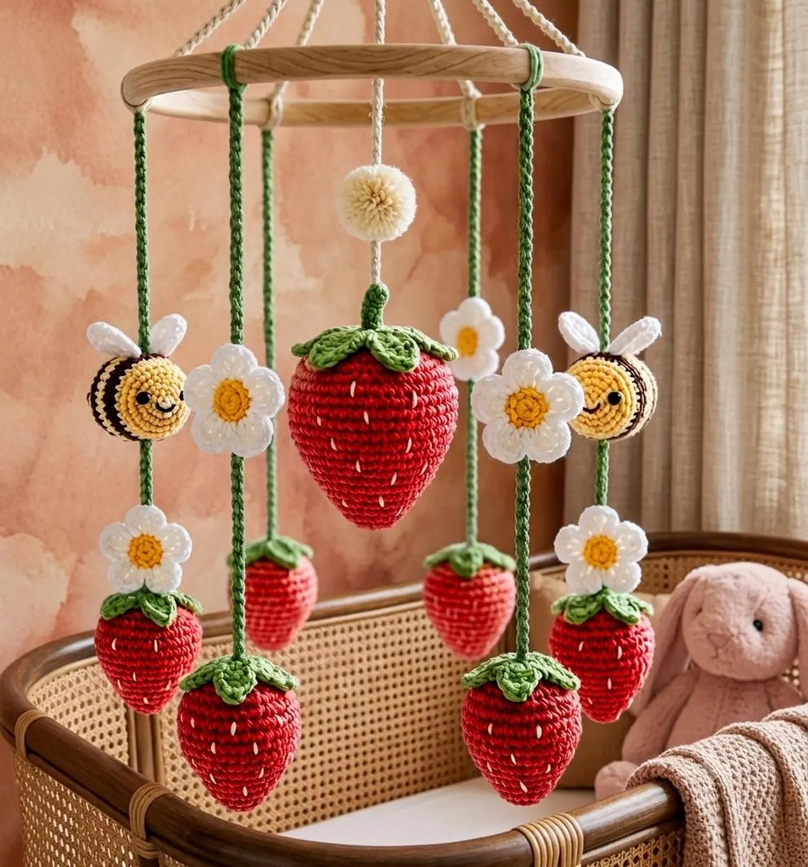 Strawberry Bee Crochet Baby Mobile – Handmade Nursery Decor & Baby Shower Gift