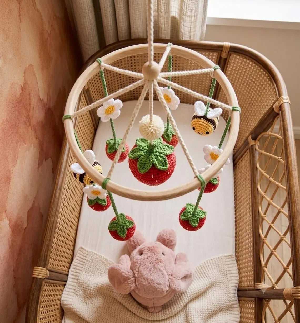 Strawberry Bee Crochet Baby Mobile – Handmade Nursery Decor & Baby Shower Gift