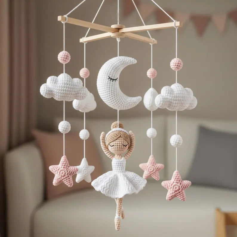 Ballerina Crochet Baby Mobile – Handmade Moon & Stars Nursery Crib Decor