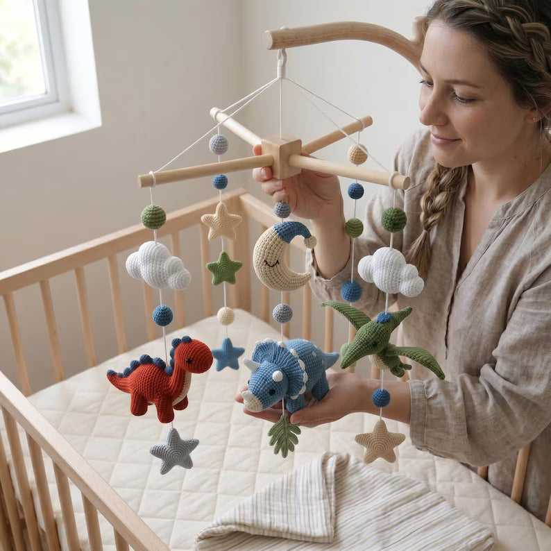 Dinosaur Crochet Baby Mobile – Handmade Nursery Crib Decor & Baby Shower Gift