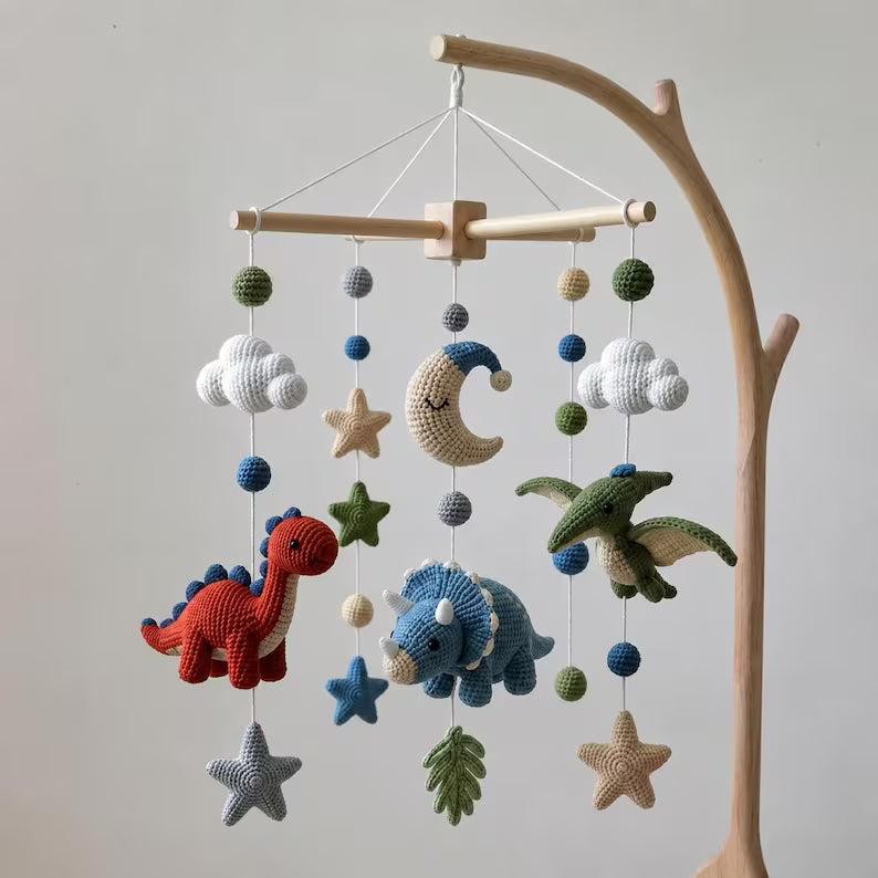 Dinosaur Crochet Baby Mobile – Handmade Nursery Crib Decor & Baby Shower Gift