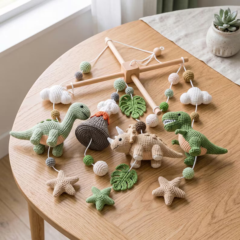 Dinosaur Crochet Baby Mobile – Handmade Nursery Crib Decor & Baby Shower Gift