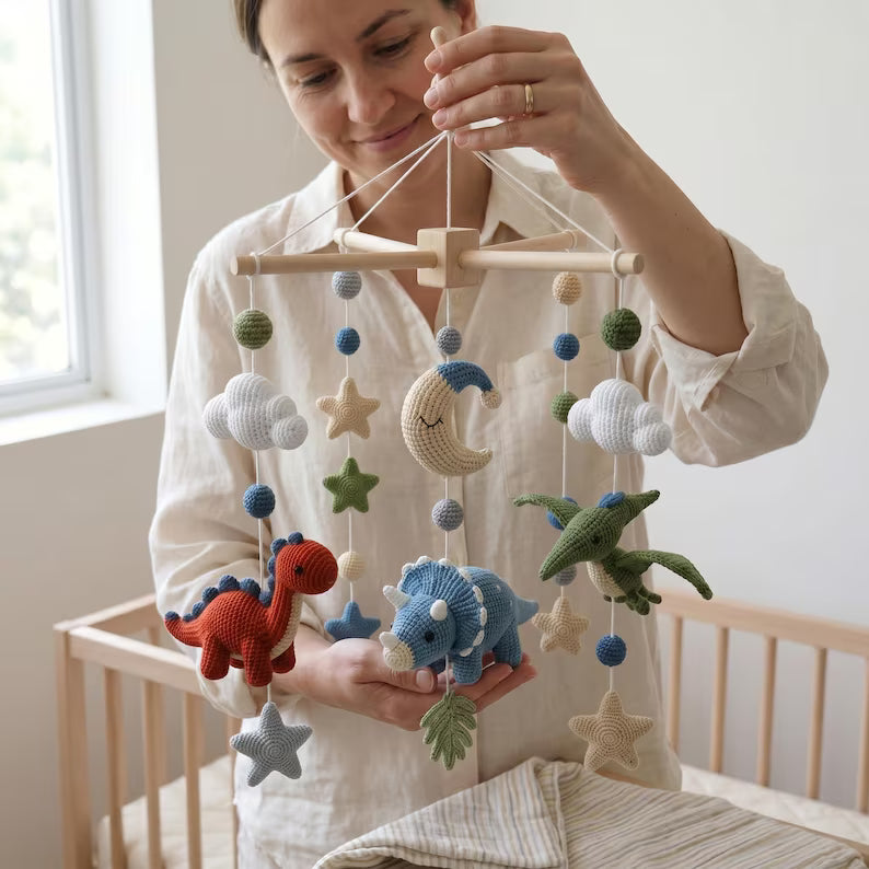 Dinosaur Crochet Baby Mobile – Handmade Nursery Crib Decor & Baby Shower Gift