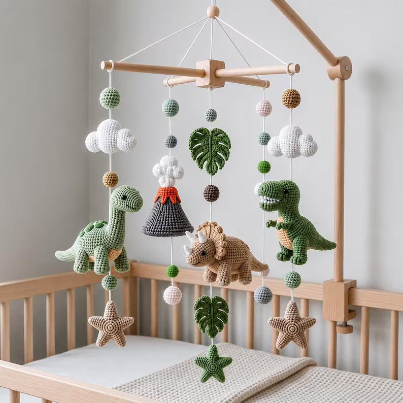 Dinosaur Crochet Baby Mobile – Handmade Nursery Crib Decor & Baby Shower Gift