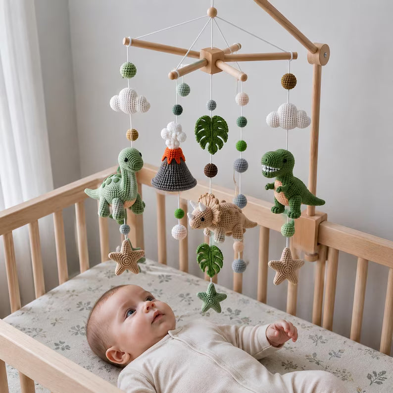 Dinosaur Crochet Baby Mobile – Handmade Nursery Crib Decor & Baby Shower Gift