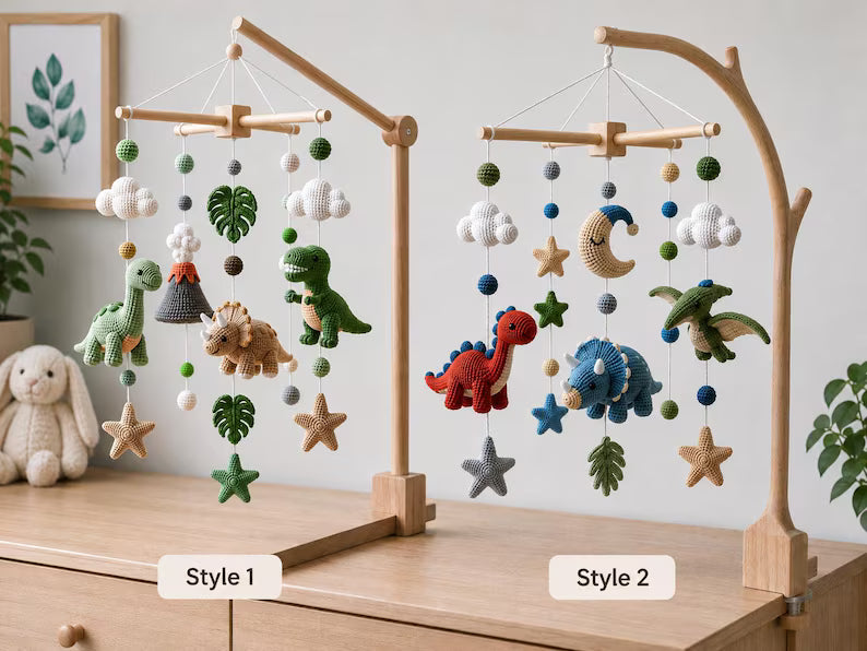 Dinosaur Crochet Baby Mobile – Handmade Nursery Crib Decor & Baby Shower Gift