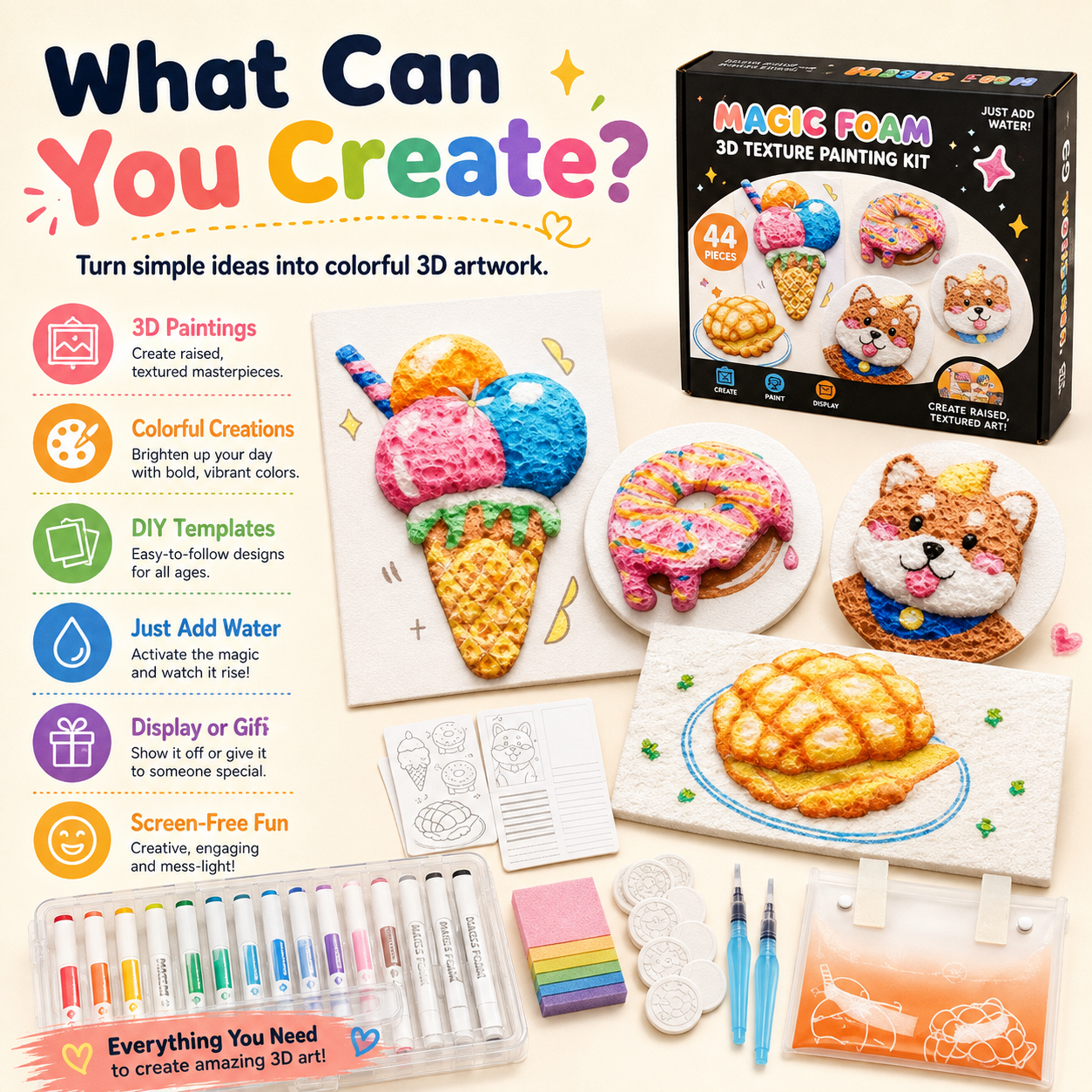 Magic Foam 3D Texture Painting Kit – 44-Piece Creative Art Set for Kids
